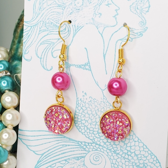 Bubble Gum Pink Druzy Czech Glass Pearls - Picture 3 of 5